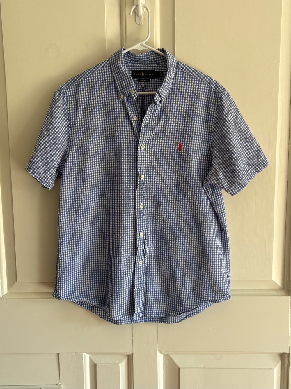 Ralph Lauren Blue Gingham Seersucker Short-Sleeve Button-Down Shirt Large